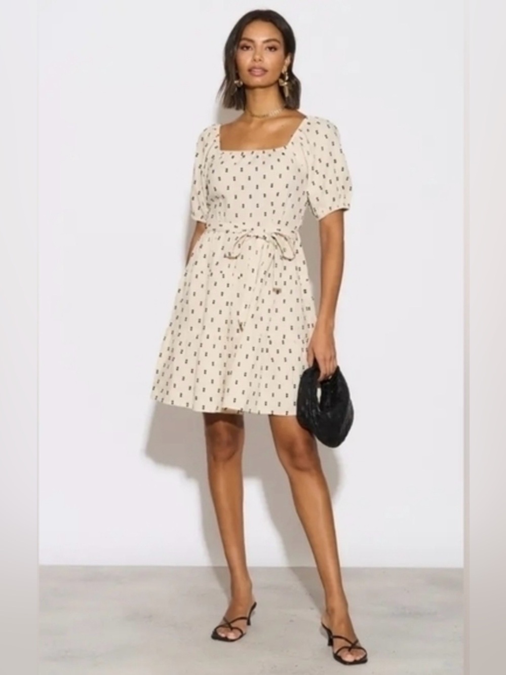 Sim & Sam Cream Black Square-Neck Tiered Mini Dress EUC Sz M Cottagecore Prairie